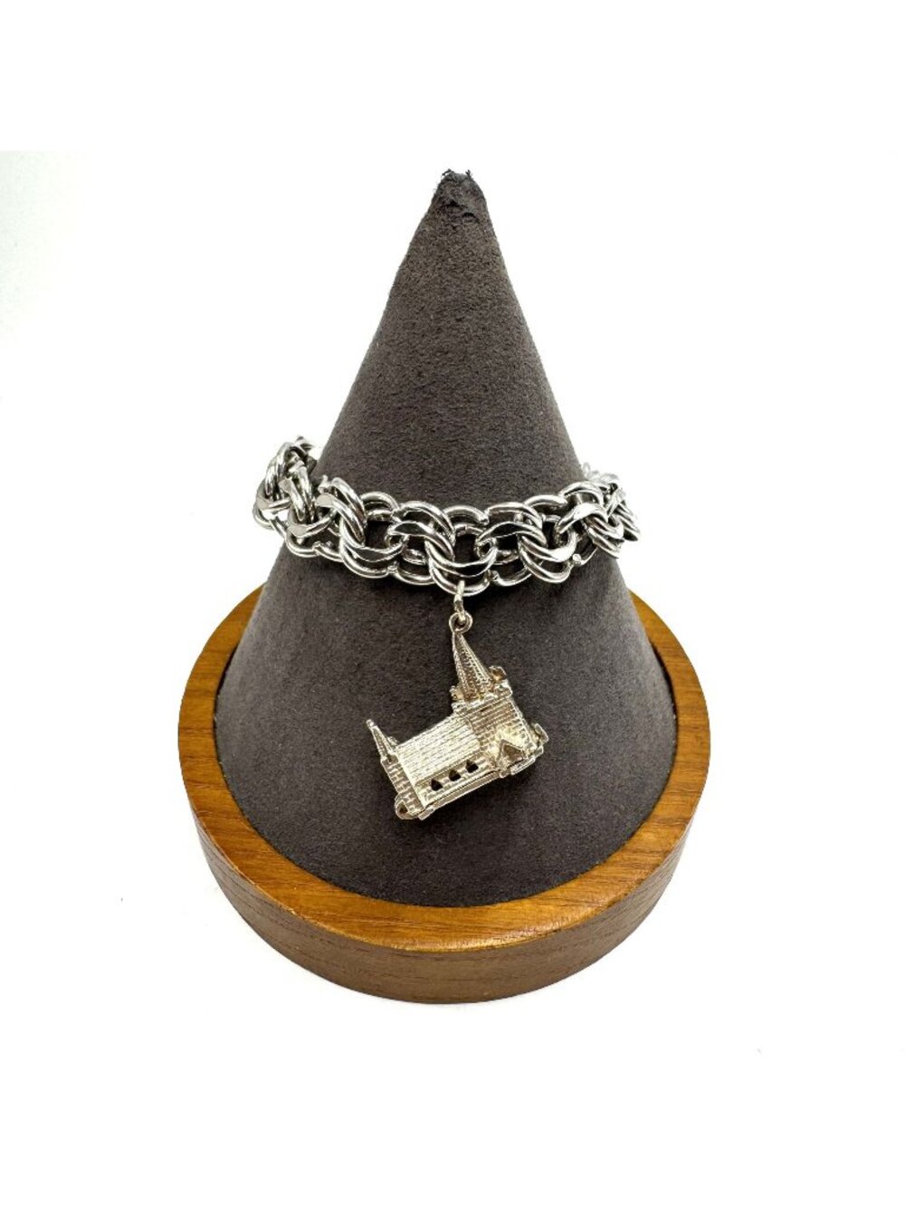 Sterling Silver 925 Heavy Three Dimensional Church Charm Bracelet Size 7" Length
